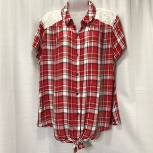 EUC plaid top with lace back detail